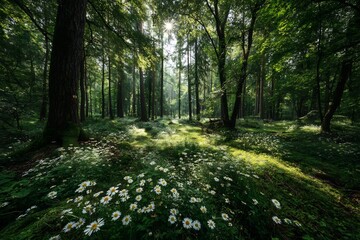 Vibrant summertime forest bright sunlight sparkling on a carpet of lush green undergrowth accented by delicate wild blooms and gentle shadows