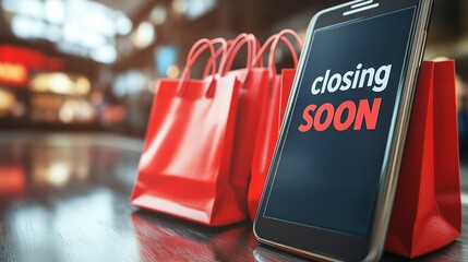 Closing soon message on mobile phone with shopping bags