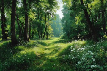 Obraz premium Vibrant summertime forest bright sunlight sparkling on a carpet of lush green undergrowth accented by delicate wild blooms and gentle shadows
