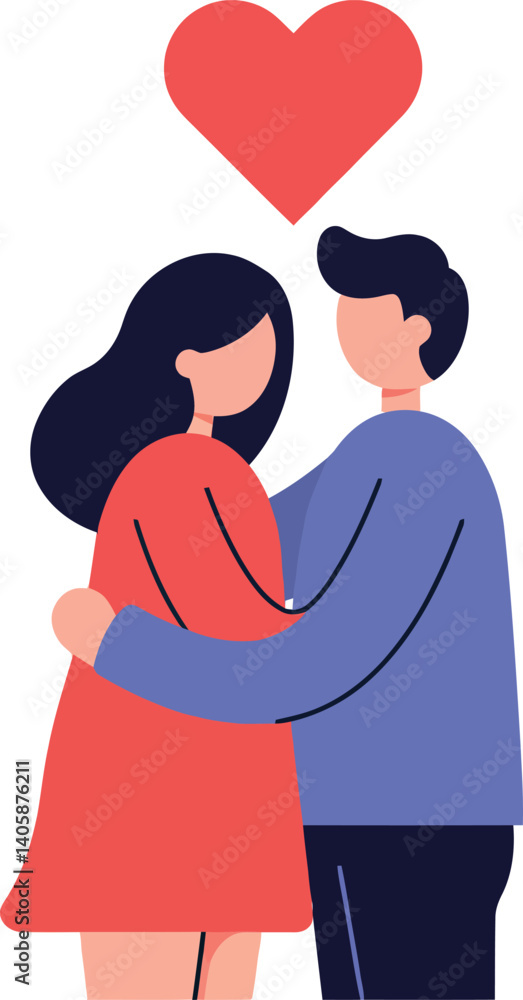 Poster a couple embracing warmly in a casual setting with a heart symbol above them in flat vector art