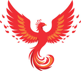 Obraz premium Majestic phoenix rising from flames in vibrant red and orange flat vector art