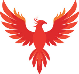 Majestic red phoenix soaring with fiery wings in flat vector art