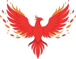 Majestic phoenix with vibrant red and orange feathers in flat vector art style