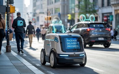An automated delivery robot driving along a city street with a message. A car and several people are in the scene, blurred background. The robot looks to be in progress