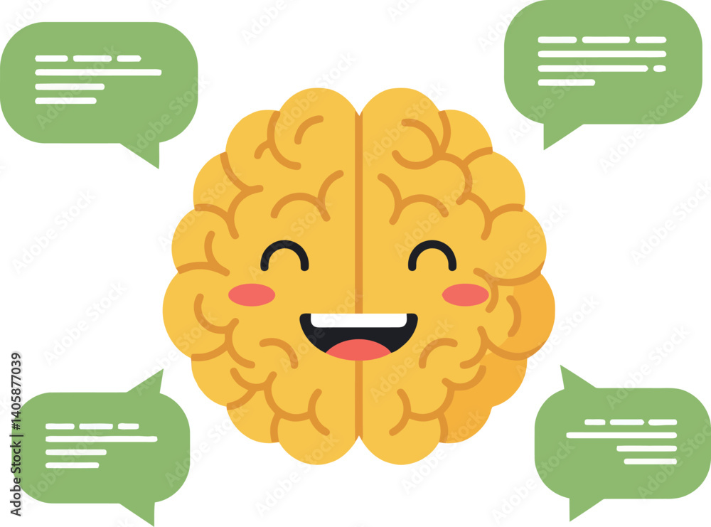 Poster happy cartoon brain character with smiling face and speech bubbles in flat vector art