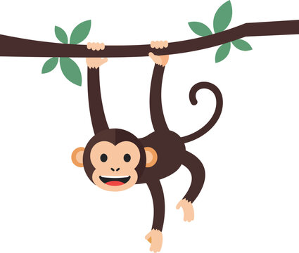 Cute monkey hanging upside down from a branch in flat vector art style