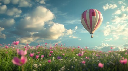 Naklejka premium A colorful hot air balloon floating over a field of flowers