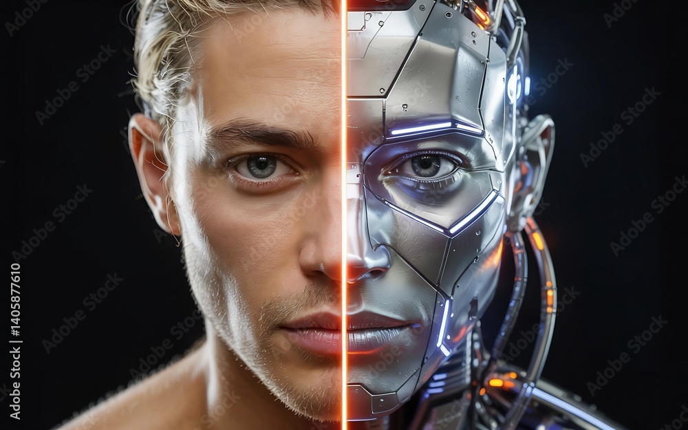 Poster human face transforms into a robot