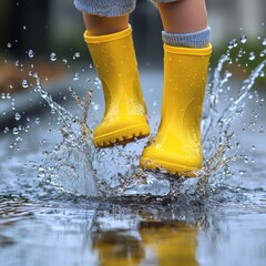 General April Themes Rainboot Splash Rainboots splashing in a puddle vibrant yellow against gray dynamic water droplets square joyful childhood nostalgia Image