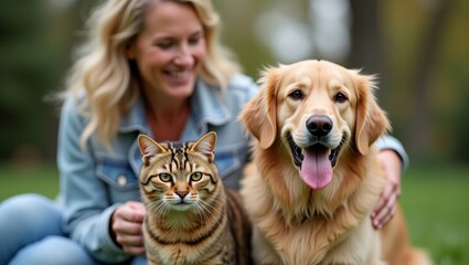 Woman with her Happy Dog and Cat