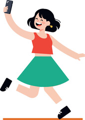 Cheerful girl running with a smartphone, wearing a red top and green skirt, flat vector illustration