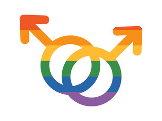 Vector lgbt illustration of two interlocked gay male gender symbols in a rainbow pattern representing LGBTQIA pride and solidarity. The arrow points emphasize masculinity. © Ulyana Mo