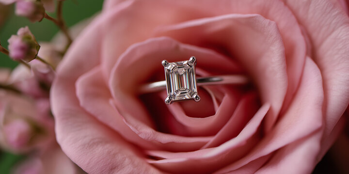 Minimalist emerald-cut engagement ring resting in soft pink rose bloom
 - Powered by Adobe