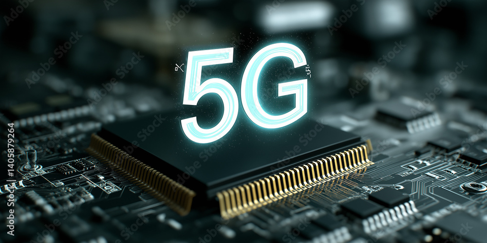 Poster 5g technology concept with glowing text over microchip on dark circuit board
