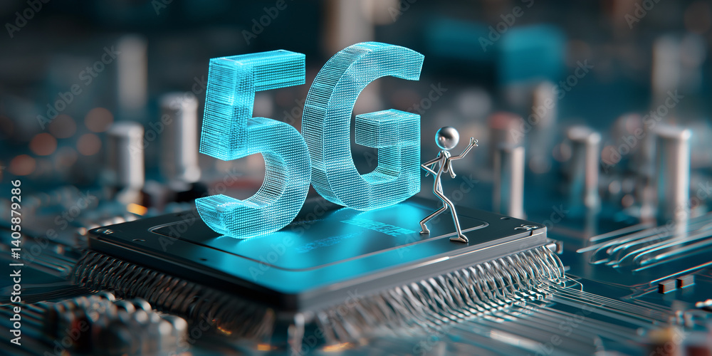 Poster 5g technology concept with futuristic hologram text and microchip circuit board