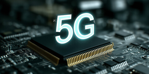 5G technology concept with glowing text over microchip on dark circuit board
