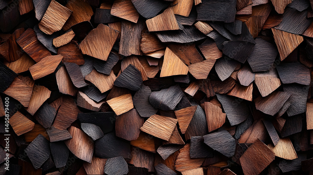 Poster overlapping wood chips create an abstract textured brown pattern