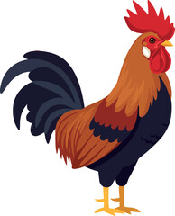 Majestic rooster standing proudly with vibrant feathers in flat vector art