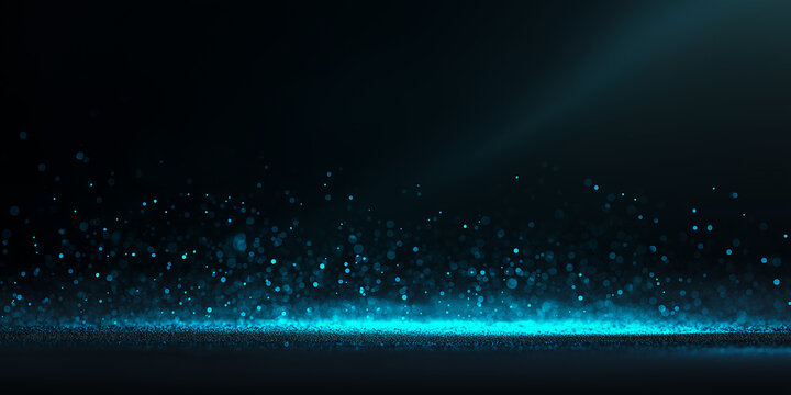 Blue glowing particles and digital energy field on dark background with space effect
