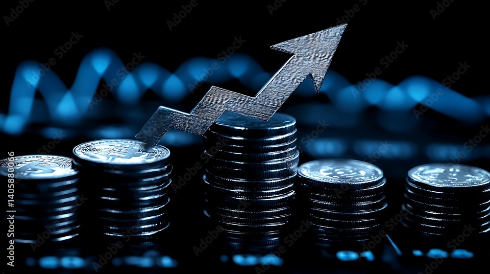Poster coins and rising graph on financial background, stacks of coins with a rising graph line on a digita