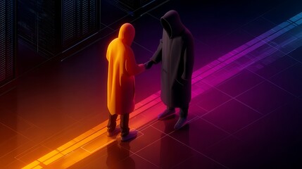 Two figures shake hands in a light filled room. Both figures are wearing cloaks with hoods. Dark wab contact  or hackers 