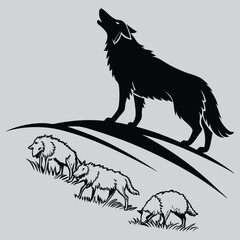 A sheepdog watching over a herd  image silhouette vector art and illustration