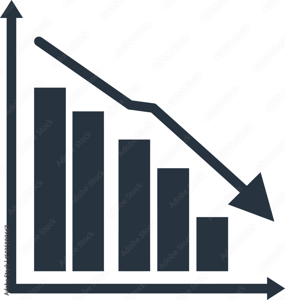 Poster declining bar graph with downward trend line in minimal flat design vector art