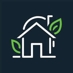 Eco-Friendly House Logo with Green Leaves and Minimal Line Art Design.