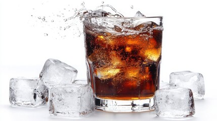 Refreshing beverage with ice cubes splashing in a glass of soda