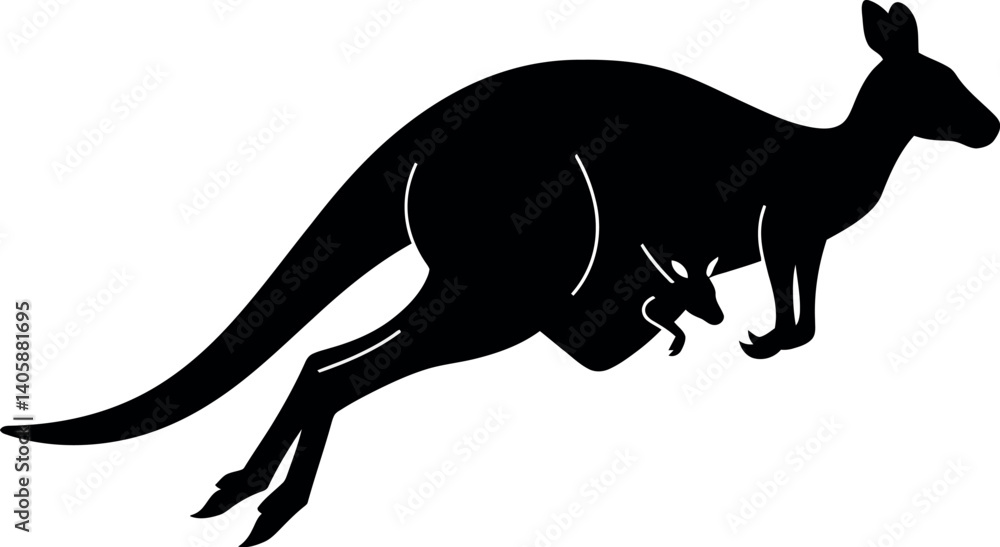 Poster kangaroo leaping with its joey in a minimalistic flat design vector art