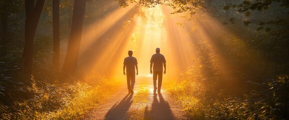 Fototapeta premium Two people walk away on a path in a sunlit forest, bathed in golden light filtering through trees