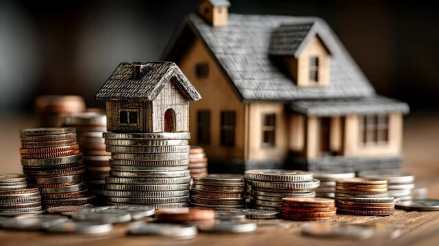 A charming scene featuring a small house model and scattered coins on a rustic wooden table.
