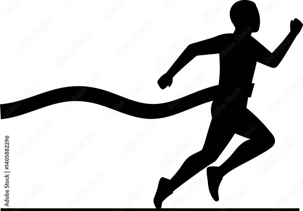 Poster silhouette of a runner in motion with flowing ribbon design, dynamic and energetic flat vector art