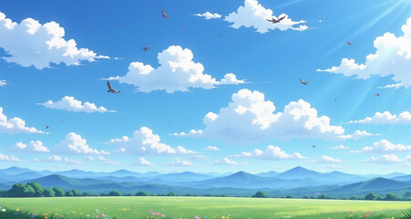 Obraz premium Serene Summer Meadow: A panoramic vista of a lush, verdant meadow stretches out under a cerulean sky dotted with fluffy white clouds, with a distant mountain range in the background.