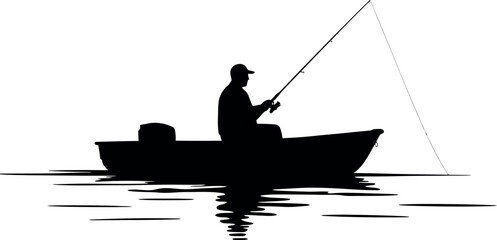 Fisherman casting a line from a small boat in a calm lake minimalist vector art