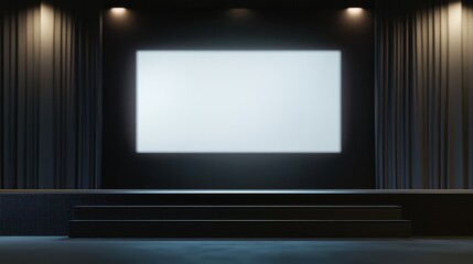 Modern Stage Design: Minimalist Black Stage with White Screen and Subtle Lighting