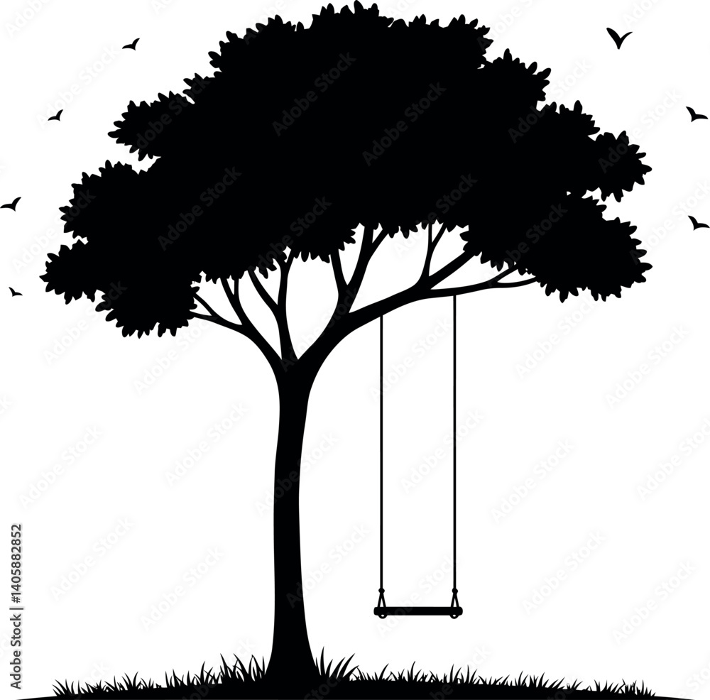 Poster a large silhouette tree with a swing under a clear sky in minimal vector art