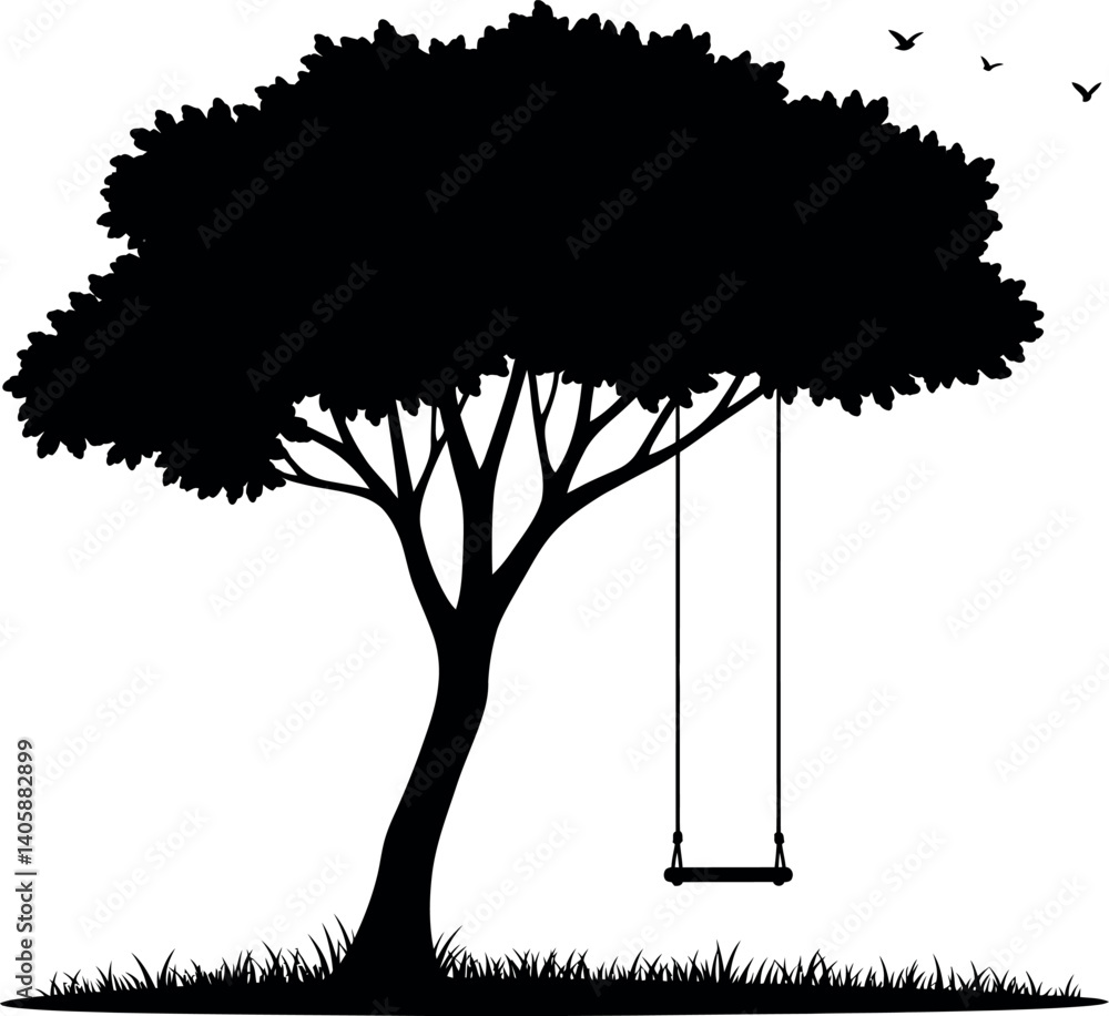Poster a large tree with a swing hanging beneath its branches in flat vector art