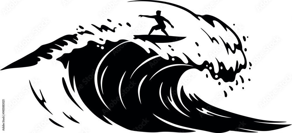 Poster surfer riding a dynamic wave in a minimal style vector illustration
