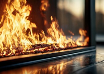 A close-up view of a mesmerizing flame, showcasing vibrant colors and dynamic movement, with a sleek glass barrier in the foreground.