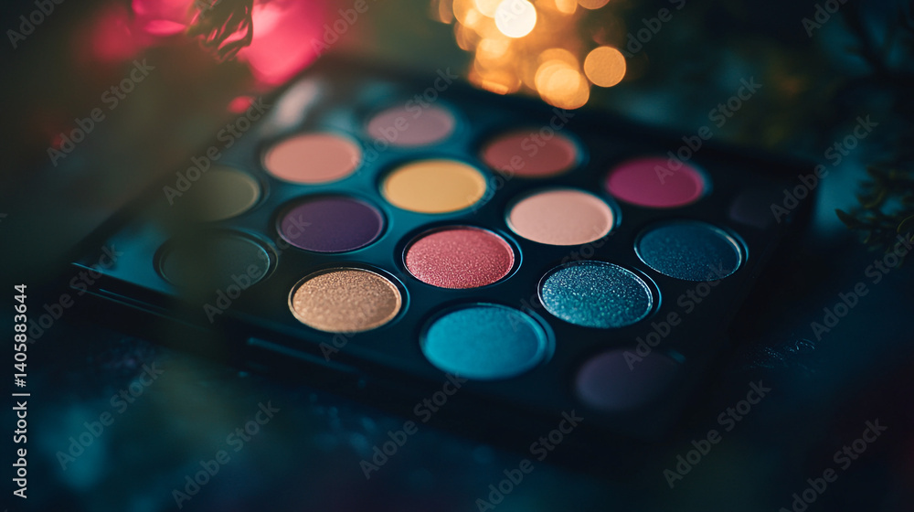 Poster a close up of a colorful eyeshadow palette with blurred lights in the background creating a bokeh ef
