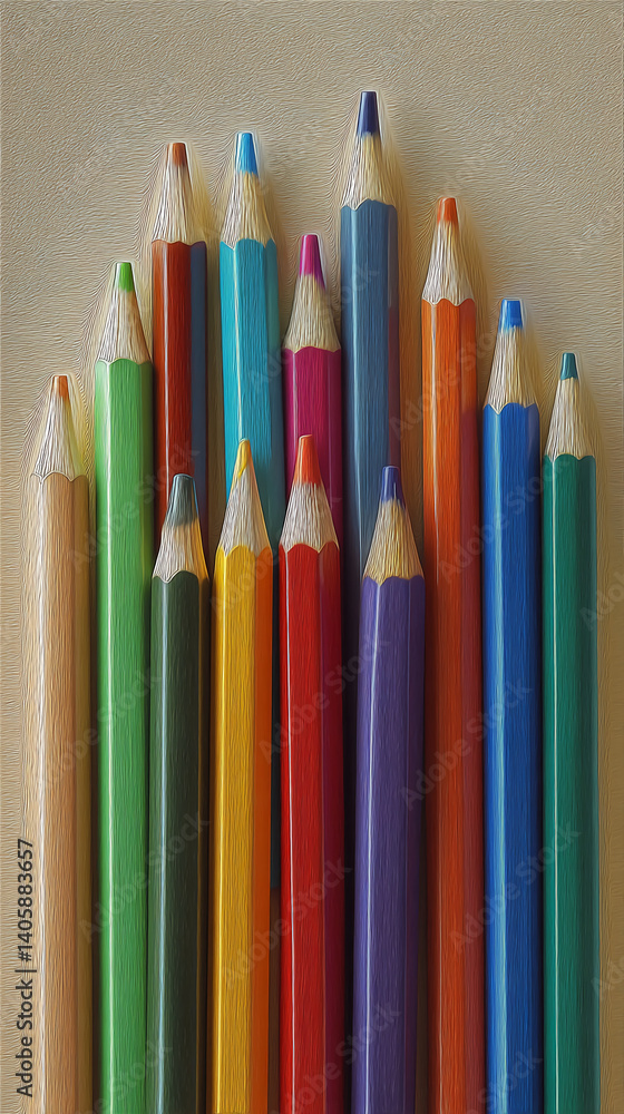 Poster close-up of colorful pencils arranged in a row, showing textured wood and vibrant hues. represents c
