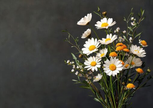 A vibrant bouquet of daisies and wildflowers against a dark background, showcasing nature's beauty and delicate details.