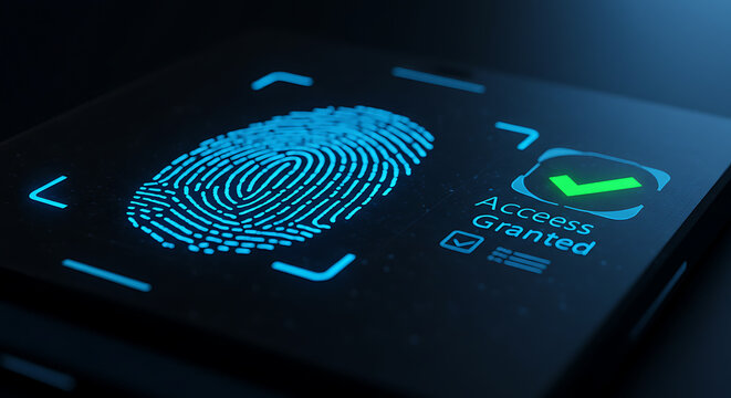 Successful biometric fingerprint authentication on futuristic digital interface. Glowing blue fingerprint scan resolves to green checkmark confirming access granted. Cybersecurity, identity verificati