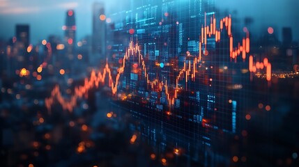 Obraz premium Stock Market Trends with City Skyline, A digital representation of a financial stock market graph with a city skyline in the background
