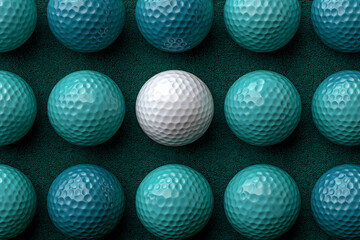 Overhead view of golf balls, one white, others teal, arranged on textured green surface, showcasing contrast and uniqueness
