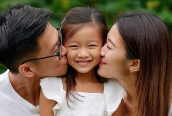 Fototapeta premium A cute girl with black hair and glasses, wearing a white short-sleeved shirt, smiles as her parents kiss her on both cheeks.