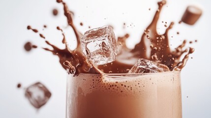 Delicious chocolate drink splashes with ice cubes on a bright background