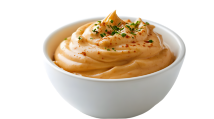 white bowl with chipotle aioli made with mayonnaise, chipotle peppers in adobo sauce, garlic, and lime juice, isolated on a white background, side and top view