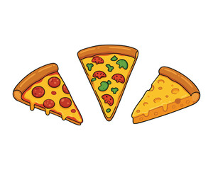 Three different illustrated pizza slices with various toppings placed on a white background representing fast food, casual dining, and delicious meal concepts.

